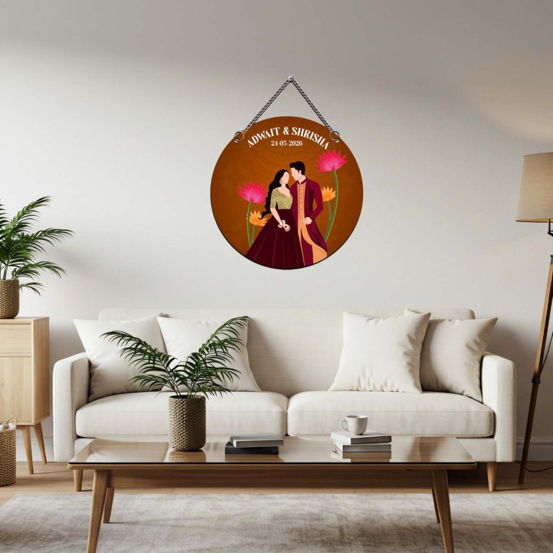 Personalized Couple Wedding Theme Wall Hanging Decoration Couple Portrait with Lotus Flowers Design Wedding, Anniversary, or Engagement Gift for Husband, Wife, & Couples